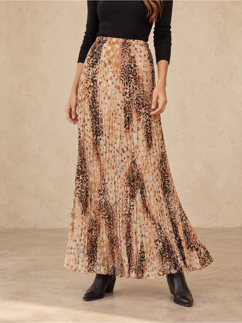 NICOLA Pleated Maxi Skirt in Beige, Brown, Black
